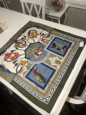 Silk Bird & Floral Print Table Scarf - Olive, Blue, Cream
